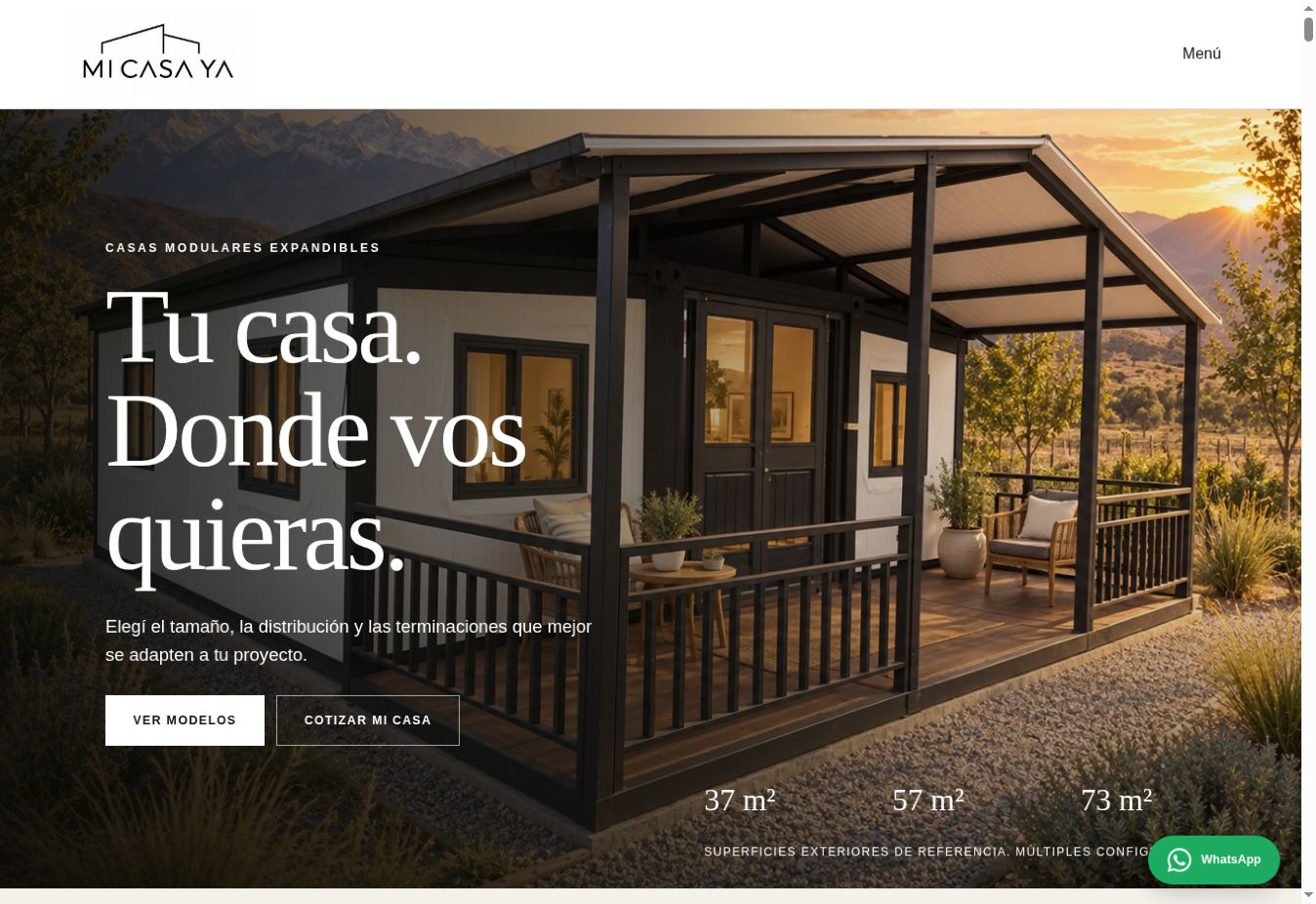 Captura real de la web MI CASA YA, con una casa modular en un paisaje de montaña y el título Tu casa. Donde vos quieras.
